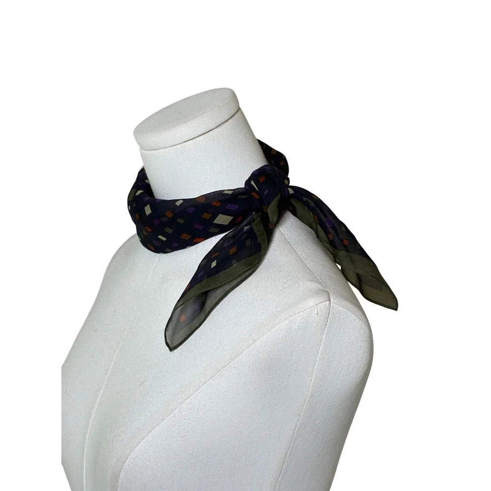 Talbots Silk Square Scarf Geometric Mosaic Print Navy Sheer Made Japan OS